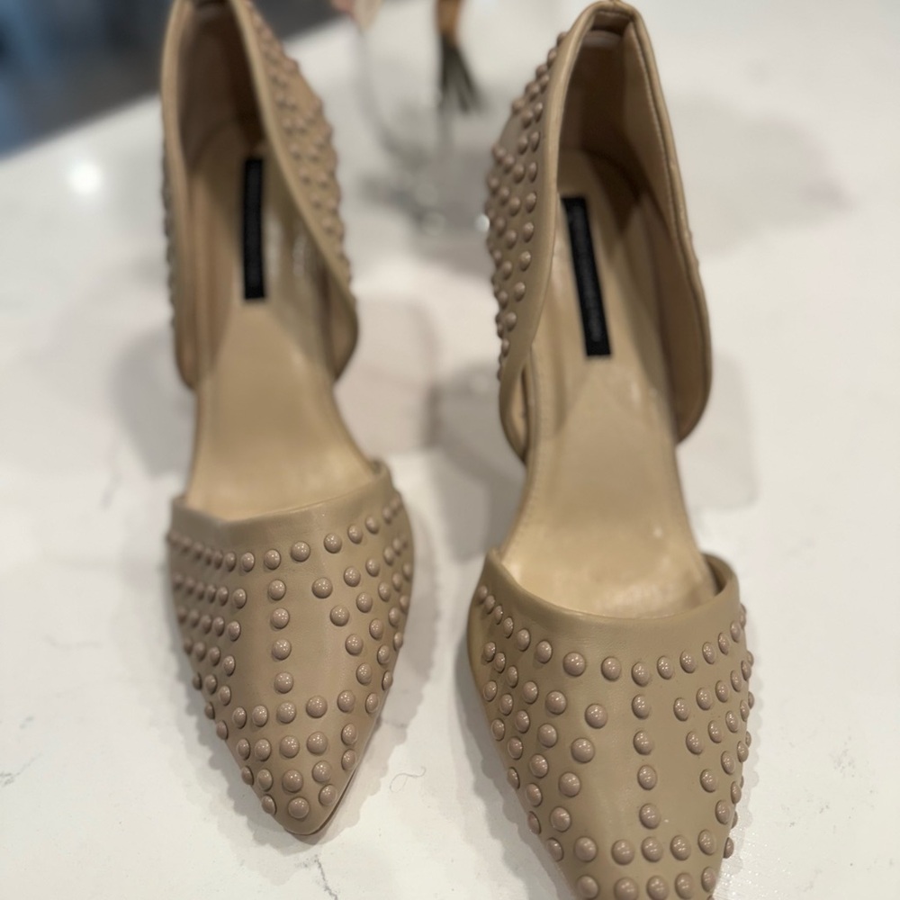 French Connection Tan Studded Heels with Modern Design